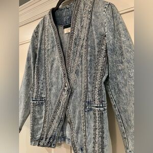 Vintage Blue Denim Blazer with Silver And Rhinestone Embellishments, Size S